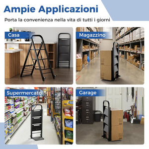 Scala a 3 Gradini Pieghevole con Ruote, 2 in 1 Scala e Carrello a Mano, Carrello a Mano con Ampie Pedane, Carrello Portapacchi a Scala in Metallo, Carico Massimo 250 kg