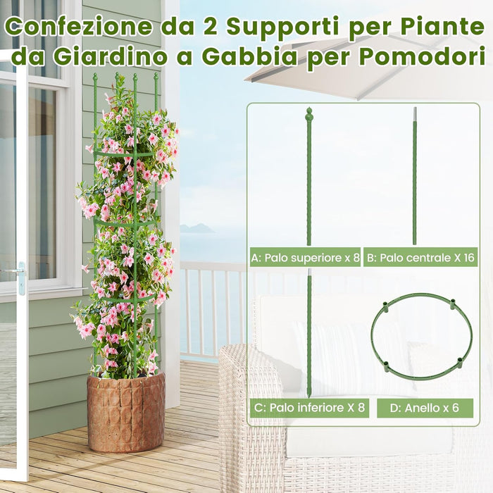 2 Tralicci per Pomodori 145 cm, Obelisco per Piante Rampicanti in Metallo Rivestito in PE, Trellis da Giardino per Verdure, Viti, Fiori e Piante