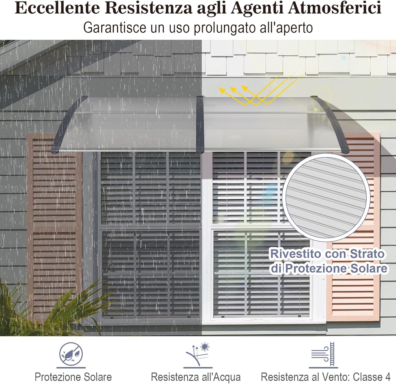 Tettoia per Porta Finestra, Pensilina Tettoia per Porta in Policarbonato, per Protezione da Sole, Pioggia, Neve, per Balcone, Finestre e Porte (Trasparente, 199 x 99 x 28 cm)