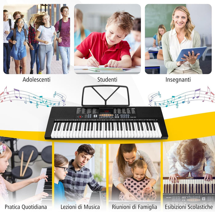 Pianoforte con Tastiera a 61 Tasti, Tastiera Digitale per Principianti con Microfono e Leggio, Pianola Elettrica con 300 Ritmi, 300 Timbri, 50 Canzoni Demo e 3 Modalità di Insegnamento
