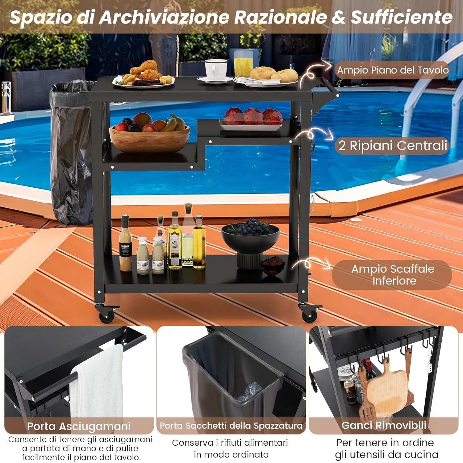 Carrello Barbecue da Esterno, Carrello BBQ Portatile con 3 Ripiani, 4 Ruote Bloccabili, Ganci, Maniglia Laterale, per Cucina, Giardino