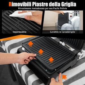 3 in 1 Piastre per Panini 2000 W, Bistecchiera Elettrica con 5 Modalità Automatiche, Cottura Bifacciali, Timer 0-4H e Display a LED, Materiale Antiaderente, Ideale per Panini e Barbecue