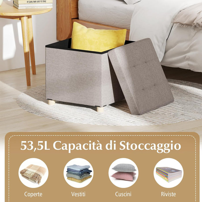 Pouf Contenitore da 45 cm, Sgabello con Vassoio e Gambe in Legno di Gomma, Poggiapiedi Imbottito, Sgabello per Scarpe Quadrato per Soggiorno, Portata 150 kg (Grigio)