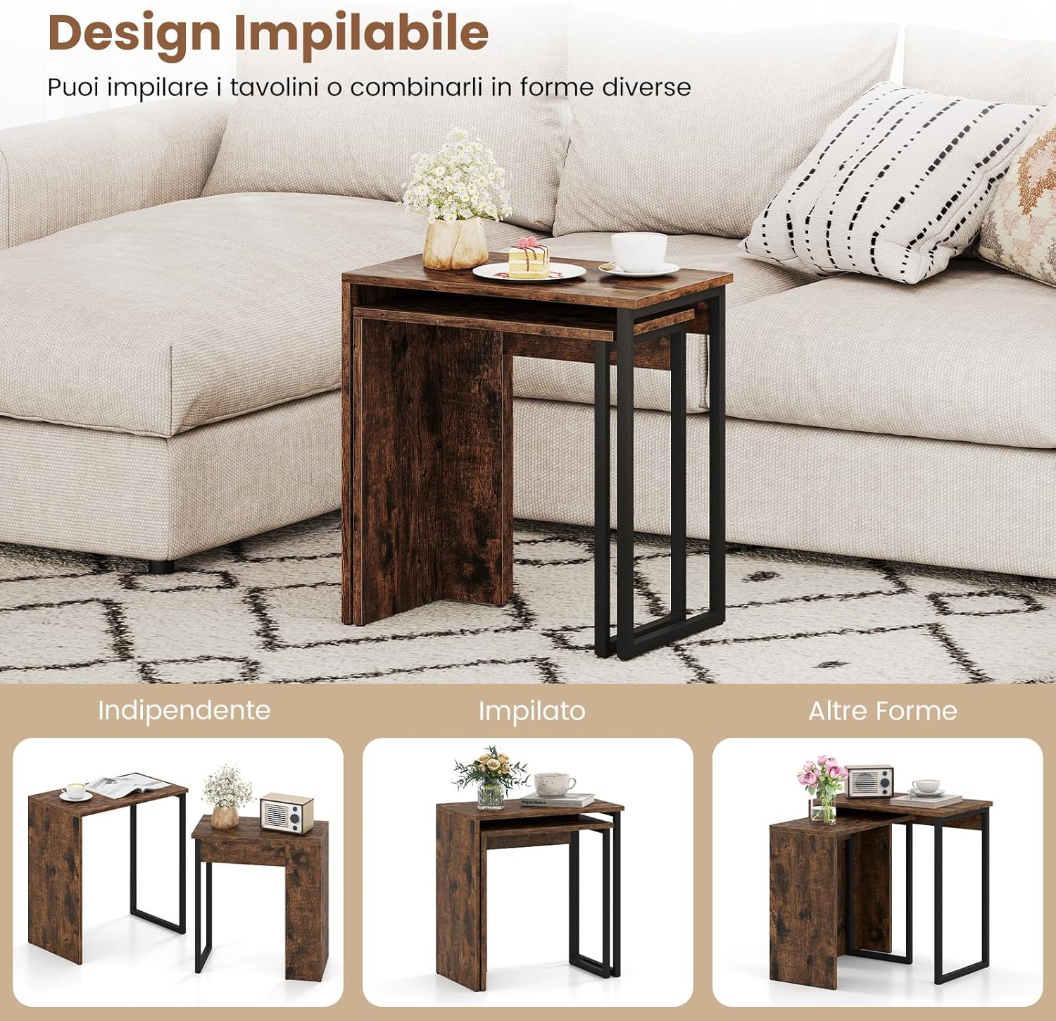 Set di 2 Tavolini da Caffè Impilabili, Tavoli Laterali per Divano con Piano in Finta Legno e Struttura in Metallo, Tavoli per Salotto, Studio e Camera da Letto, Marrone