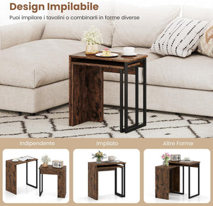 Set di 2 Tavolini da Caffè Impilabili, Tavoli Laterali per Divano con Piano in Finta Legno e Struttura in Metallo, Tavoli per Salotto, Studio e Camera da Letto, Marrone