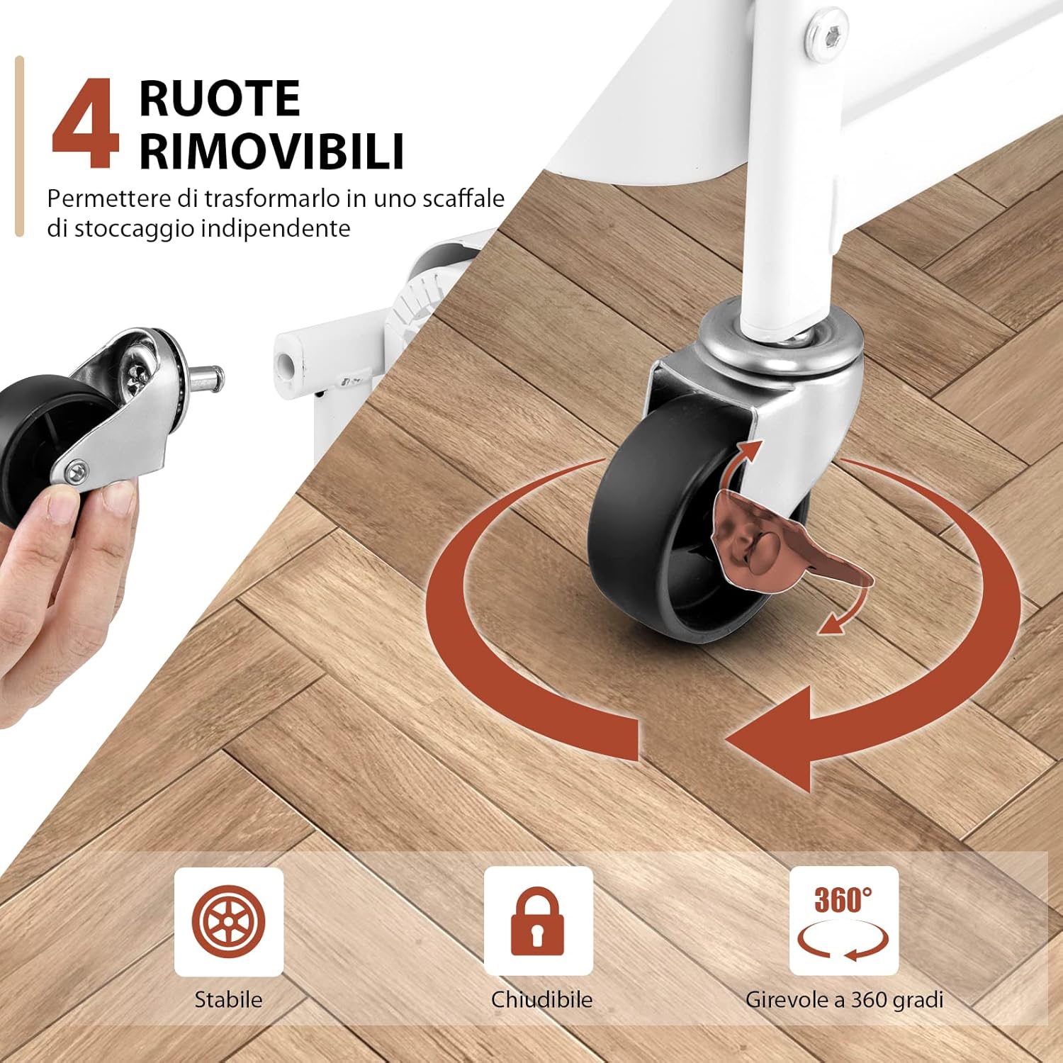 Carrello Multiuso a 3 Livelli, Carrello Organizzatore di Stoccaggio, con 2 Cestini e 4 Ganci, Ideale per Ufficio Cucina Garage, 52x33x75cm (Bianco)