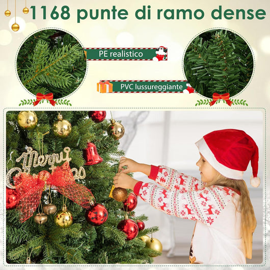 Albero di Natale Pre-illuminato on Cerniera 150/180 cm, Albero di Natale con 250/350 Luci a LED Multicolori e Bianco Caldo, 11 Modalità di Illuminazione, 844/1168 Punte di Ramo (180 cm)