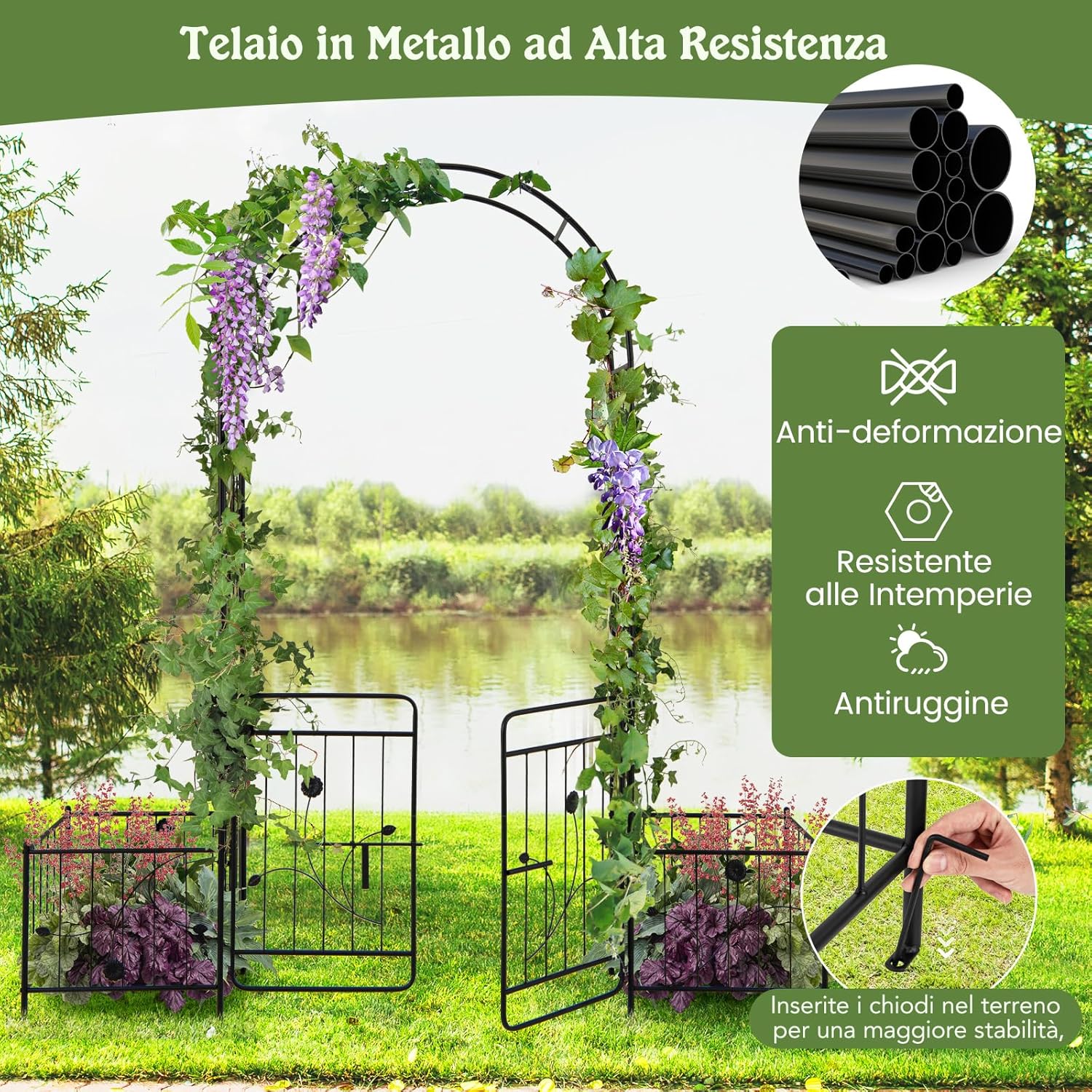 Arco da Giardino, Pergolato in Metallo con Cancello Bloccabile e Fioriere Laterali, Arco per Piante Rampicanti e Viti da Uva, Decorazione per Cerimonia Matrimoniali