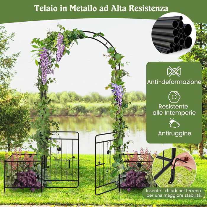 Arco da Giardino, Pergolato in Metallo con Cancello Bloccabile e Fioriere Laterali, Arco per Piante Rampicanti e Viti da Uva, Decorazione per Cerimonia Matrimoniali