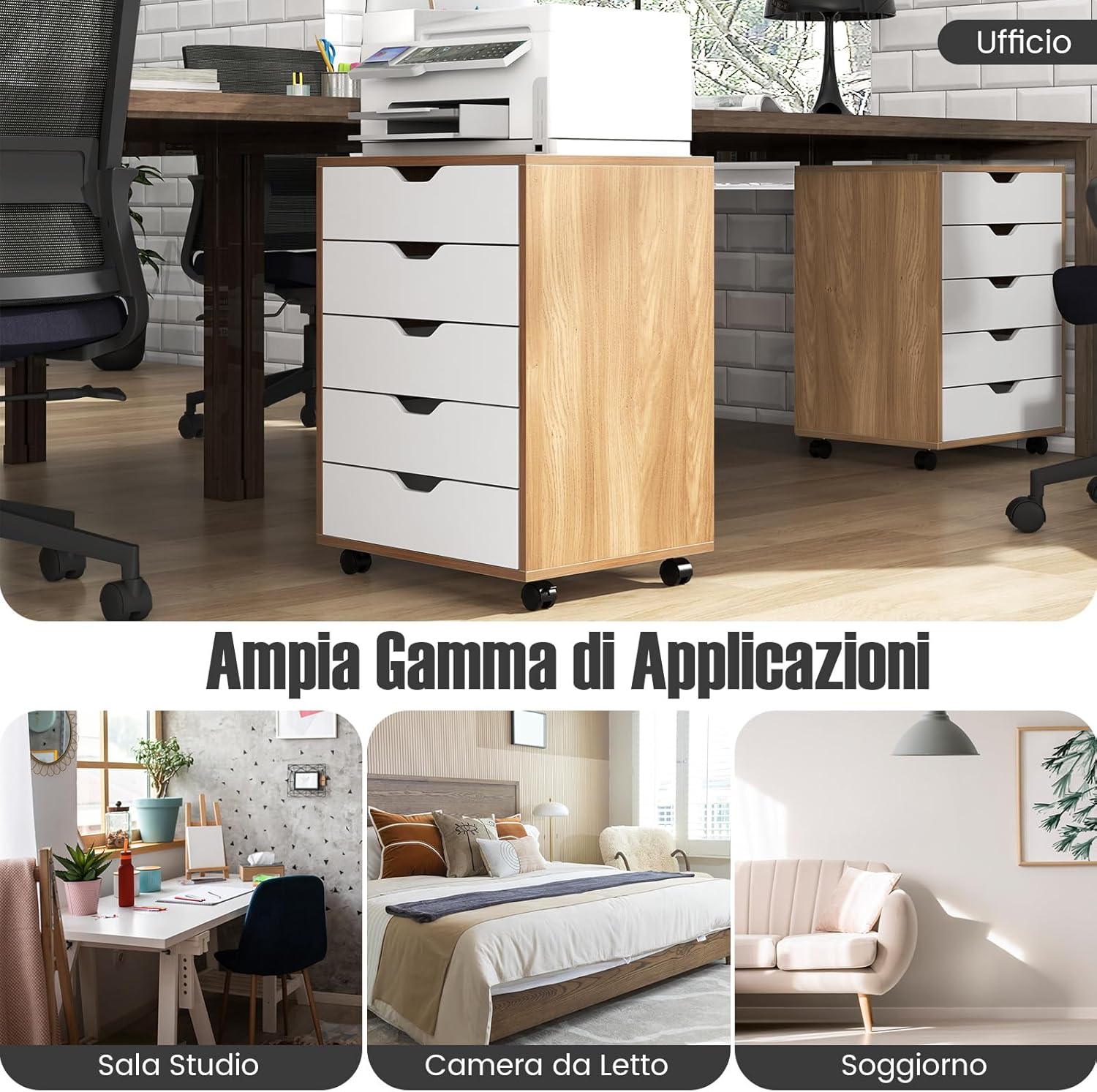 Cassettiera da Ufficio con 5 Cassetti e Ruote, Mobiletto Multiuso per Documenti e Cosmetici, Comodino con Ruote per Camera da letto Studio Ufficio e Soggiorno (Naturale)