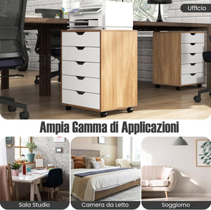 Cassettiera da Ufficio con 5 Cassetti e Ruote, Mobiletto Multiuso per Documenti e Cosmetici, Comodino con Ruote per Camera da letto Studio Ufficio e Soggiorno (Naturale)