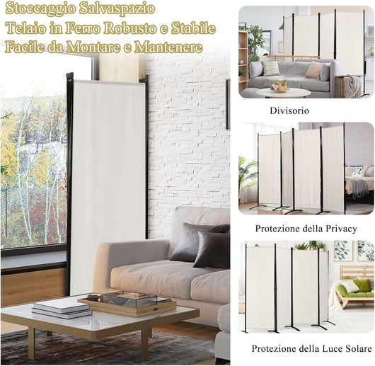 Paravento da Interno in Metallo, Separé Divisorio Interno Pieghevole con Piedini Stabili, Pannelli Divisori per Interni per Casa e Ufficio (Bianco, 220 x 173 cm (4 Pannelli))