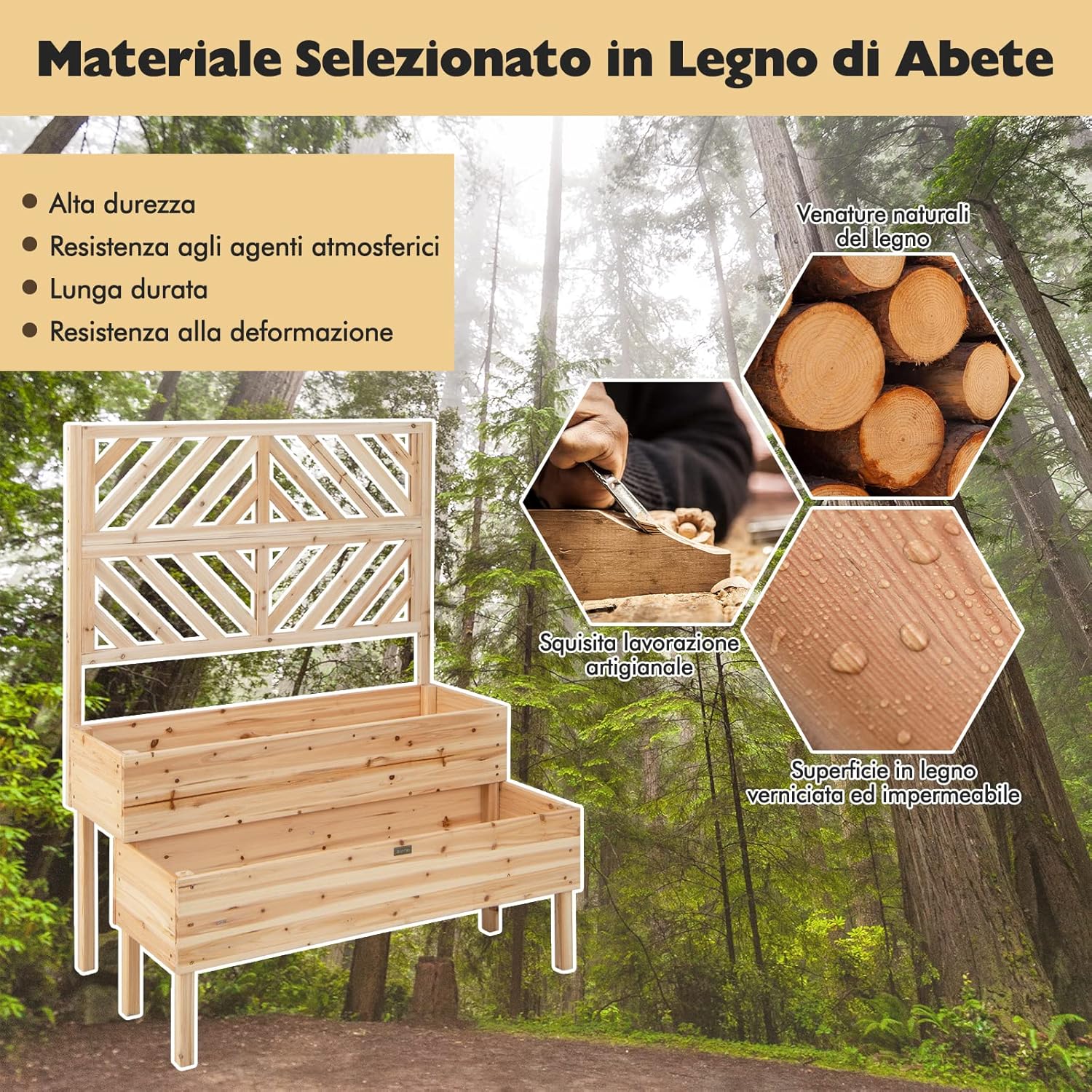 Fioriera da Giardino a 2 Livelli con Traliccio, Letto Rialzatto con Gambe in Legno, Foro di Drenaggio, Fioriera da Interno ed Esterno per Frutta, Verdura, Fiori ed Erbe Rampicanti (Legno)