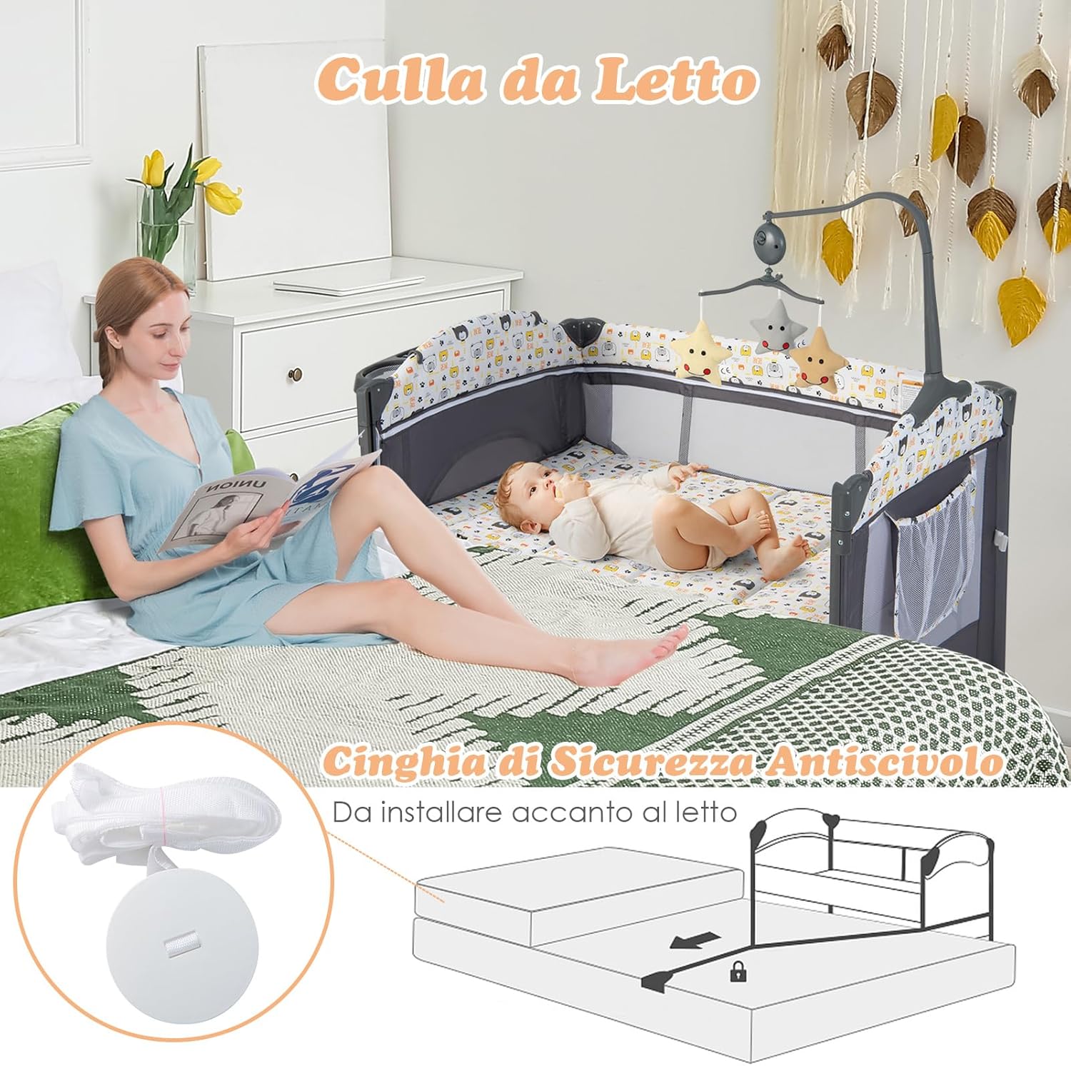 5-in-1 Lettino da Campeggio con Materasso, Lettino per Bambini con Fasciatoio, Lettino Pieghevole e Portabile, Altezza Regolabile in 5 Livelli, per Bambini 0-36 Mesi (Grigio+Beige)
