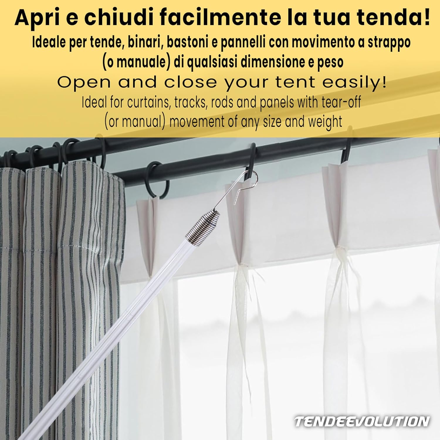 FRUSTINO Frusta/Asta per Movimento Tenda Scorritenda, Pannelli Rullo in Plexiglas Trasparente con Gancio - Altezza Asta 125cm