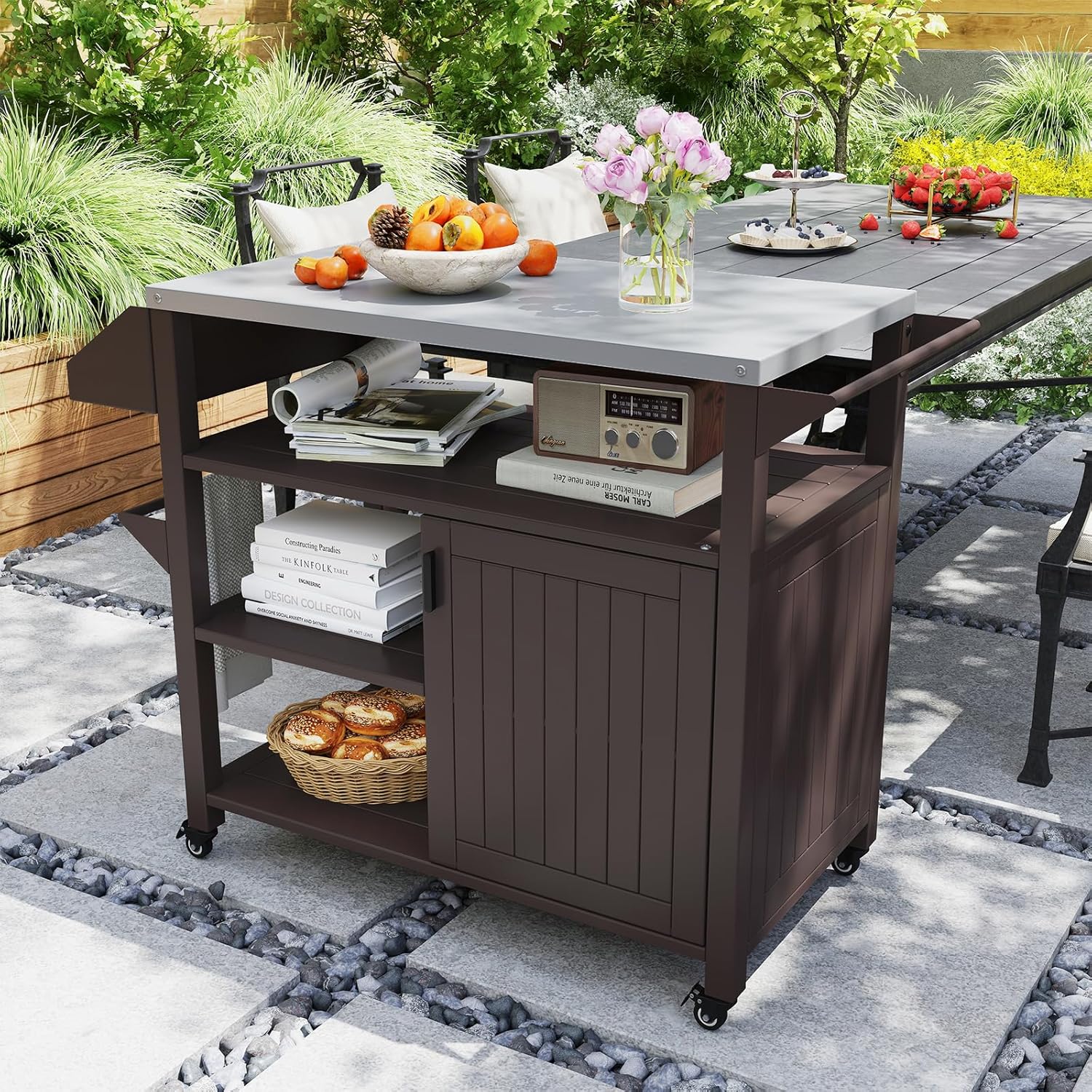 Carrello per Grill da Esterno, Carrello in Metallo con Armadietto, Ruote Bloccabili Universali, Ripiani e Piano in Acciaio Inox, Isola da Cucina per Barbecue, Festa e Campeggio