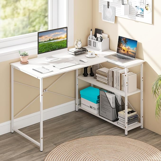 Scrivania Angolare a Forma di L, Scrivania ad Angolo Salvaspazio e Reversibile con Ripiano Regolabile e Struttura in Metallo Resistente, Tavolo per Ufficio e Casa (Bianco)