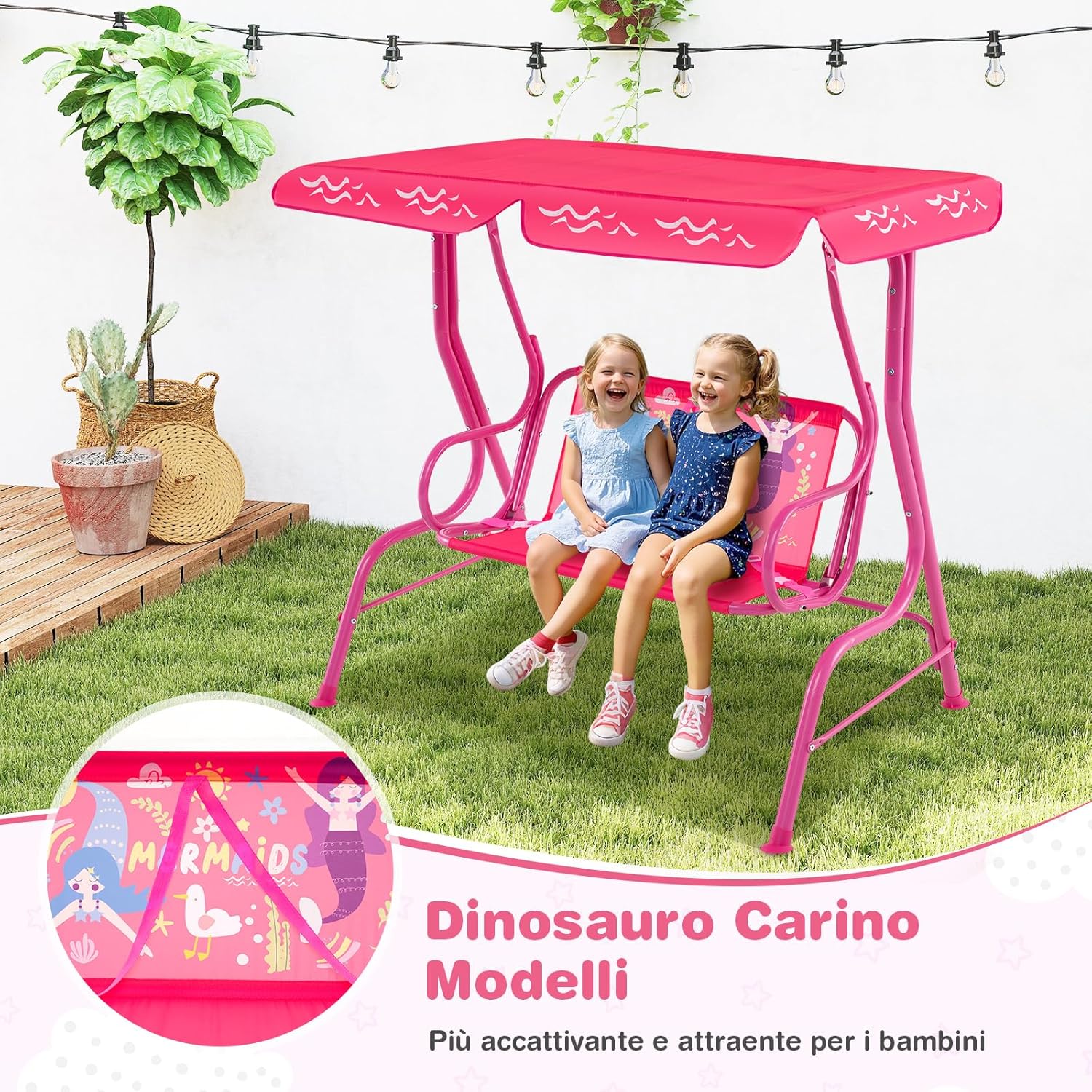 Altalena da Esterno per Bambini, Panchina a Dondolo a 2 Posti con Struttura in Metallo, Tetto Regolabile e Cinture di Sicurezza, per Bambini 3+Anni, Portata 80 kg (Rosa)