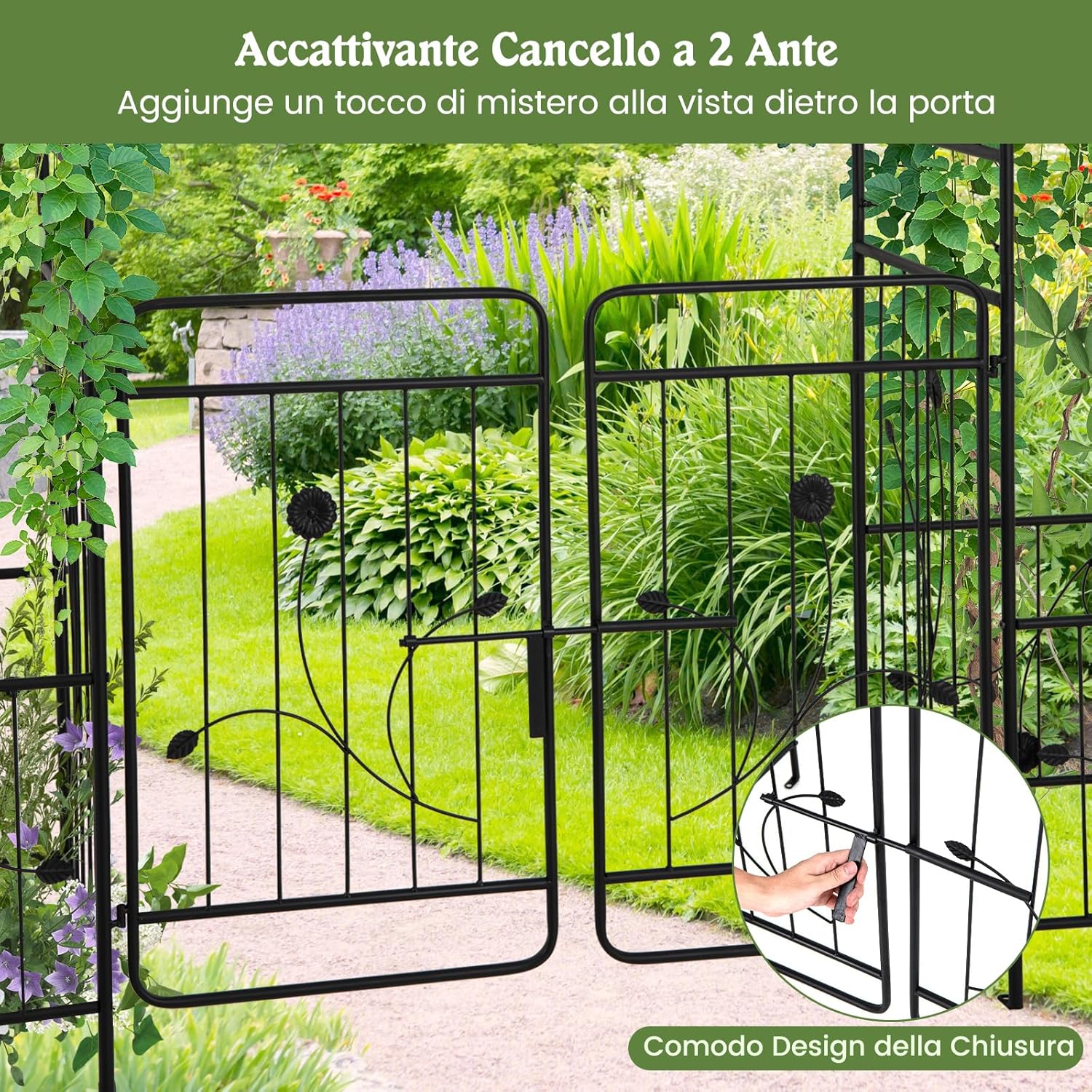 Arco da Giardino, Pergolato in Metallo con Cancello Bloccabile e Fioriere Laterali, Arco per Piante Rampicanti e Viti da Uva, Decorazione per Cerimonia Matrimoniali
