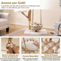 Albero Tiragraffi per Gatti 70 x 50 x 123 cm, Torre per Animali Domestici con Amaca Altalena, Rami di Legno Reale, Pali Tiragraffi di Juta e 2 Posatoi, Giochi per Gatti da Interno