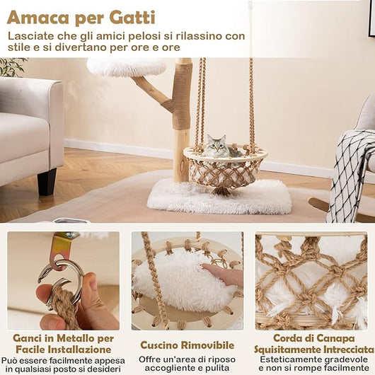 Albero Tiragraffi per Gatti 70 x 50 x 123 cm, Torre per Animali Domestici con Amaca Altalena, Rami di Legno Reale, Pali Tiragraffi di Juta e 2 Posatoi, Giochi per Gatti da Interno