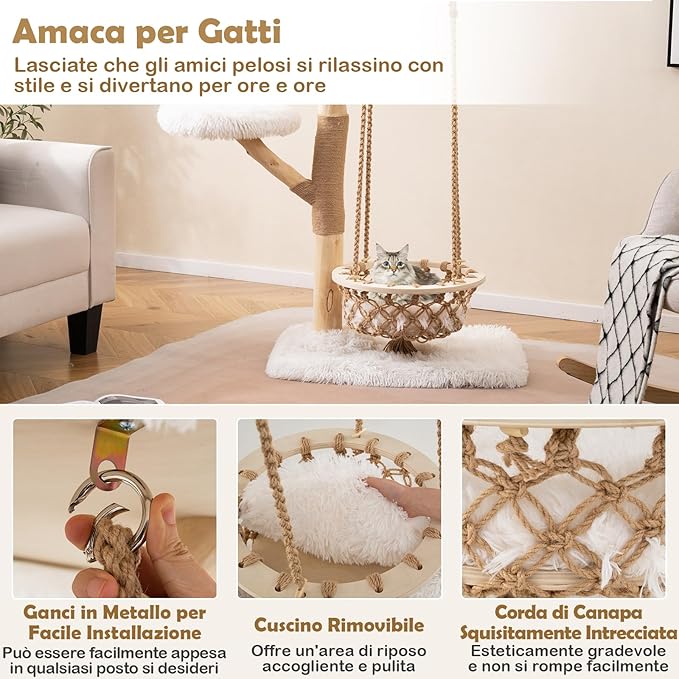 Albero Tiragraffi per Gatti 70 x 50 x 123 cm, Torre per Animali Domestici con Amaca Altalena, Rami di Legno Reale, Pali Tiragraffi di Juta e 2 Posatoi, Giochi per Gatti da Interno