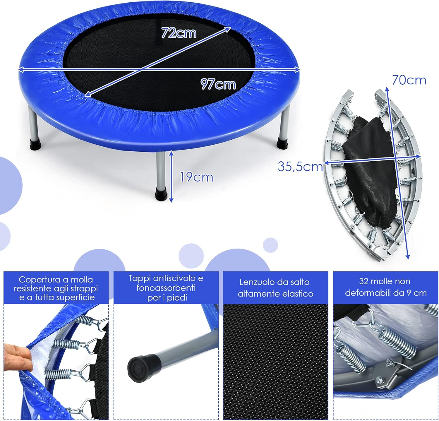 Mini Trampolino Elastico e Pieghevole, Capacità di Carico 150 kg, per Interno ed Esterno