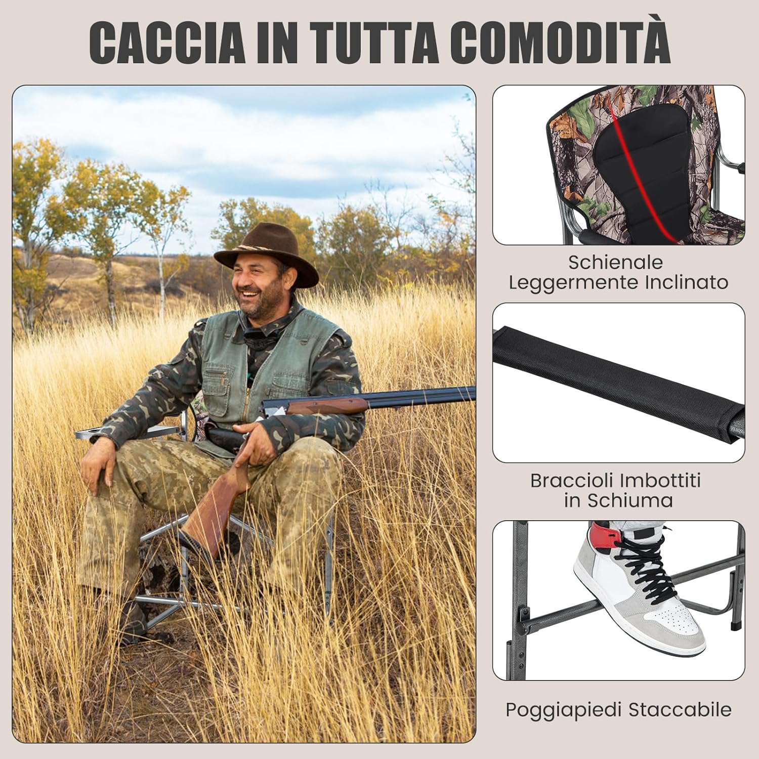 Set da Caccia Pieghevole per Esterno, Sedili da Caccia con Braccioli e Schienale, con Poggiapiedi Rimovibile, Tavolino Laterale, Supporto Fino a 150 kg