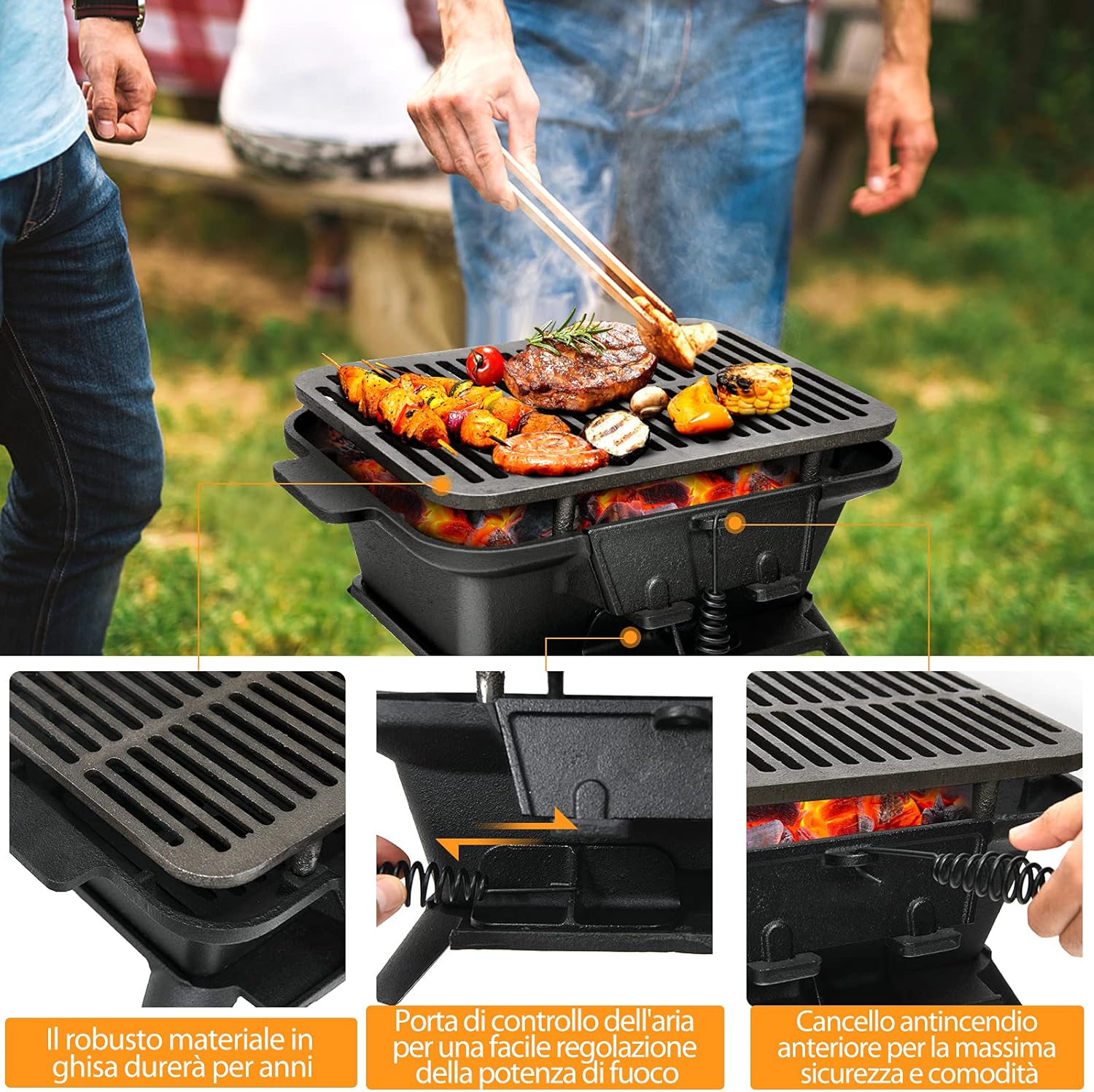 Barbecue Griglia a Carbone, Grill Barbecue Carbone Portatile, BBQ Grill in Ghisa, Ideale per Campeggio Picnic Feste, Nero