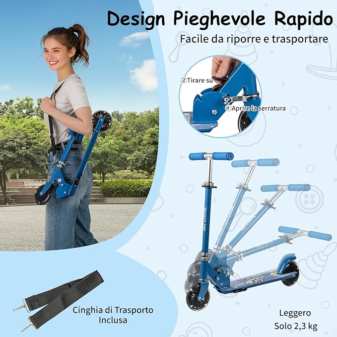 Monopattino per Bambini Pieghevole e Portatile, Monopattino a 2 Ruote con Manubrio Regolabile, Ruote Luminose a LED, Freno Posteriore e Tracolla, Ideale per Bambini e Bambine 3+