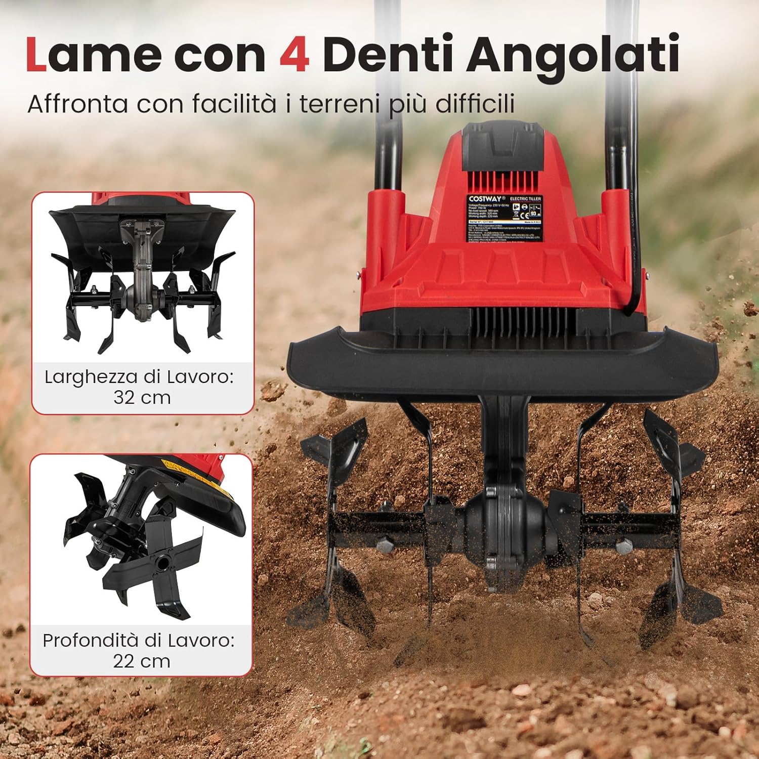 Motozappa Elettrica a Filo, Zappatrice da Giardino con Manico Ergonomico e Motore Forte, Motocoltivatore Pieghevole per Scavare Terreno del Prato (32,5 x 24 x 138 cm,Rosso)