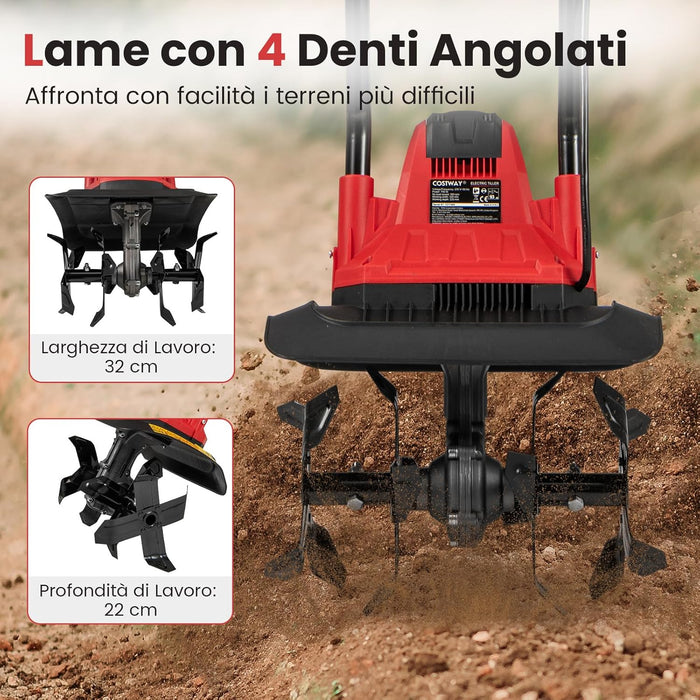 Motozappa Elettrica a Filo, Zappatrice da Giardino con Manico Ergonomico e Motore Forte, Motocoltivatore Pieghevole per Scavare Terreno del Prato (32,5 x 24 x 138 cm,Rosso)