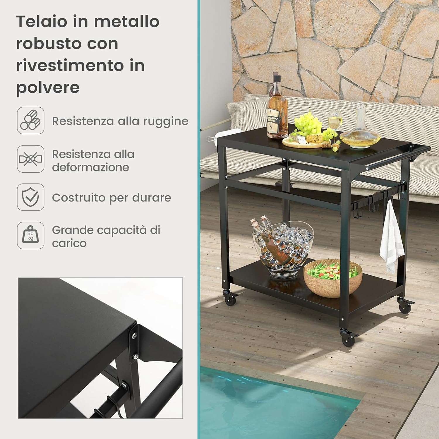 Carrello Barbecue da Esterno in Metallo, Carrello da Cucina Esterno con 2 Ripiano, 4 Ruote Bloccabili, Ganci, Maniglia Laterale, per Girdino, Cucina