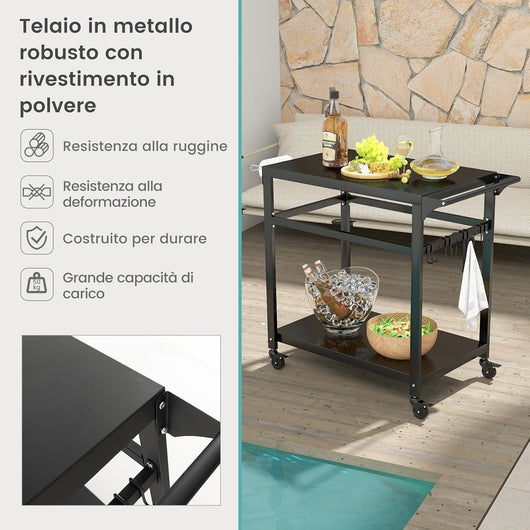 Carrello Barbecue da Esterno in Metallo, Carrello da Cucina Esterno con 2 Ripiano, 4 Ruote Bloccabili, Ganci, Maniglia Laterale, per Girdino, Cucina
