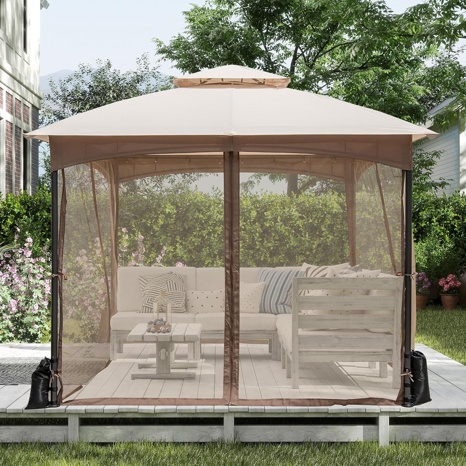 Gazebo da Giardino 3 x 3 m, Gazebo Impermeabile con Rete Mesh Staccabile e Terro Ventilato a Doppio Strato, Tenda Regolabile in Altezza per Feste, BBQ e Picnic (Kaki)