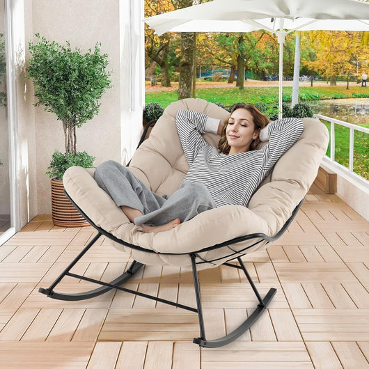 Sedia a Dondolo, Poltrona Relax Ergonomica, Poltrona Sovradimensionato con Cuscino Imbottito, Sedia a Uovo con Struttura Metallica, per Soggiorno Portico Giardino, Portata 205 kg (Beige)