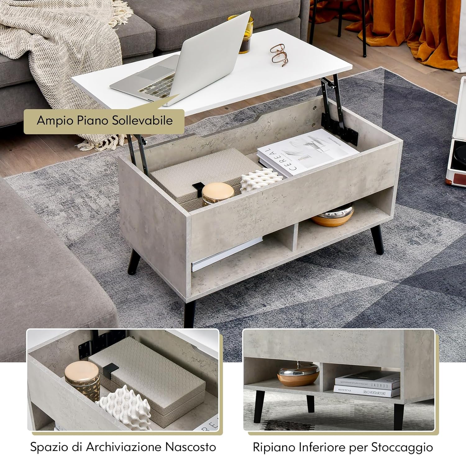 Tavolino Salotto Sollevabile in Legno, Tavolino da Caffè con Scomparto Nascosto e 2 Scaffali Aperti, Tavolino Basso e Modern per Soggiorno, Sala Ricevimenti e Ufficio (Grigio)