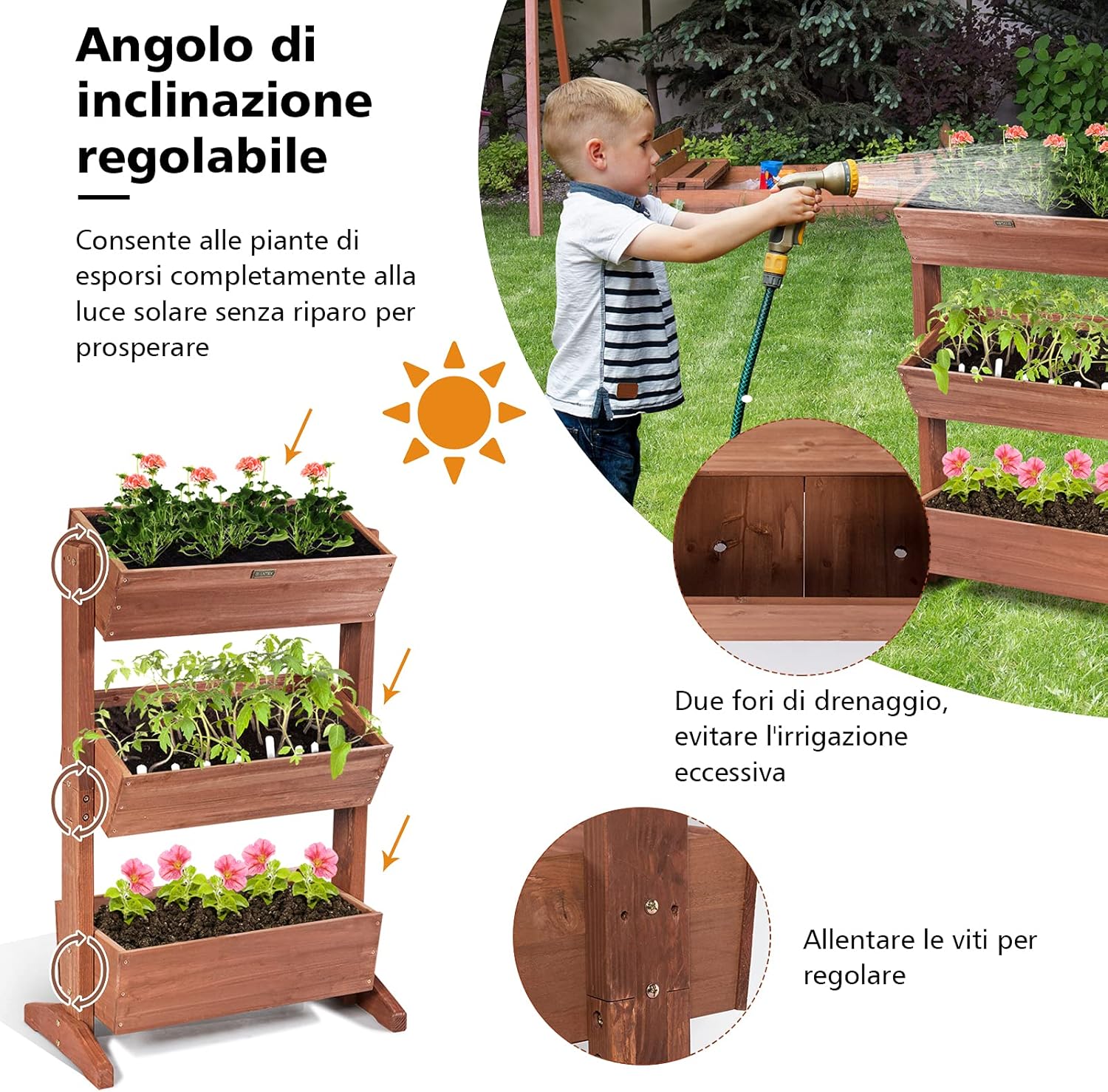 Fioriera di Legno con 3 Livelli, Scaffale per Piante, Scala con Fioriere di Legno Staccabili, Scaffale per Piante Multiuso, Ideale per Interno ed Esterno