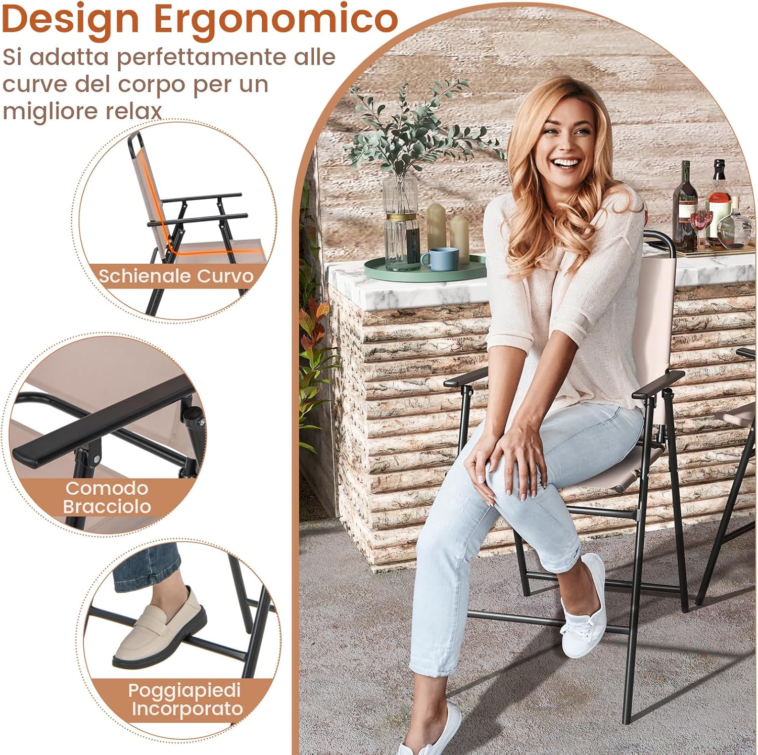 Set di 2 Sedie da Bar Pieghevoli per Esterno, Sedie da Pranzo con Tessuto Traspirante e Telaio in Metallo, Sedie Alte con Braccioli e Poggiapiedi, per Giardino e Balcone