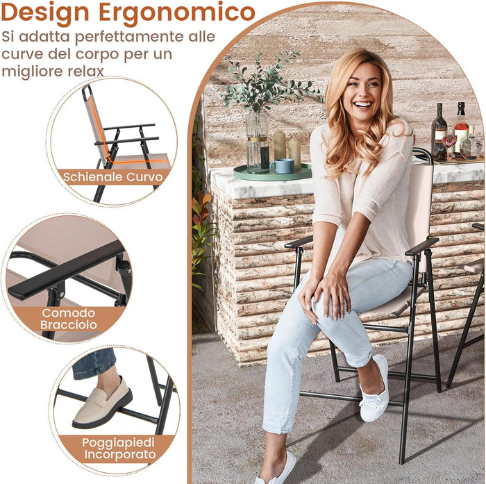 Set di 2 Sedie da Bar Pieghevoli per Esterno, Sedie da Pranzo con Tessuto Traspirante e Telaio in Metallo, Sedie Alte con Braccioli e Poggiapiedi, per Giardino e Balcone