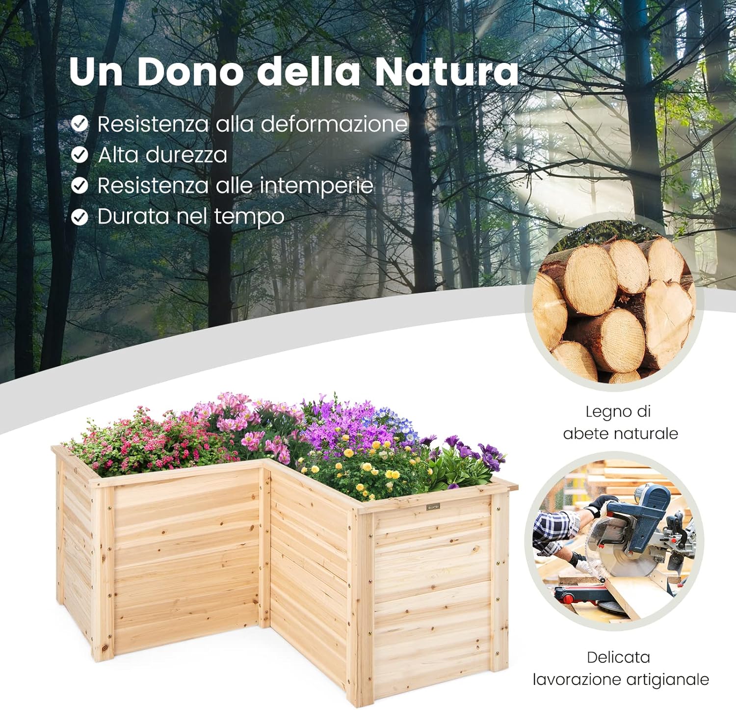 Letto Rialzato da Giardino in Legno, Fioriera da Esterno a Forma di L con Base Aperta, Aiuola per Frutto, Erbe, Verdure e Fiori da Blacone, Cortile e Prato, 120 x 120 x 63 cm (Naturale)