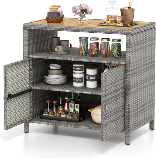 Armadietto Portaoggetti in Rattan, Mobile Buffet per Esterni in Legno di Acacia, con Compartimento Aperto e Armadio Chiuso a 2 Ante, per Piscina, Terrazza e Patio, 90 x 53 x 86 cm (Grigio)