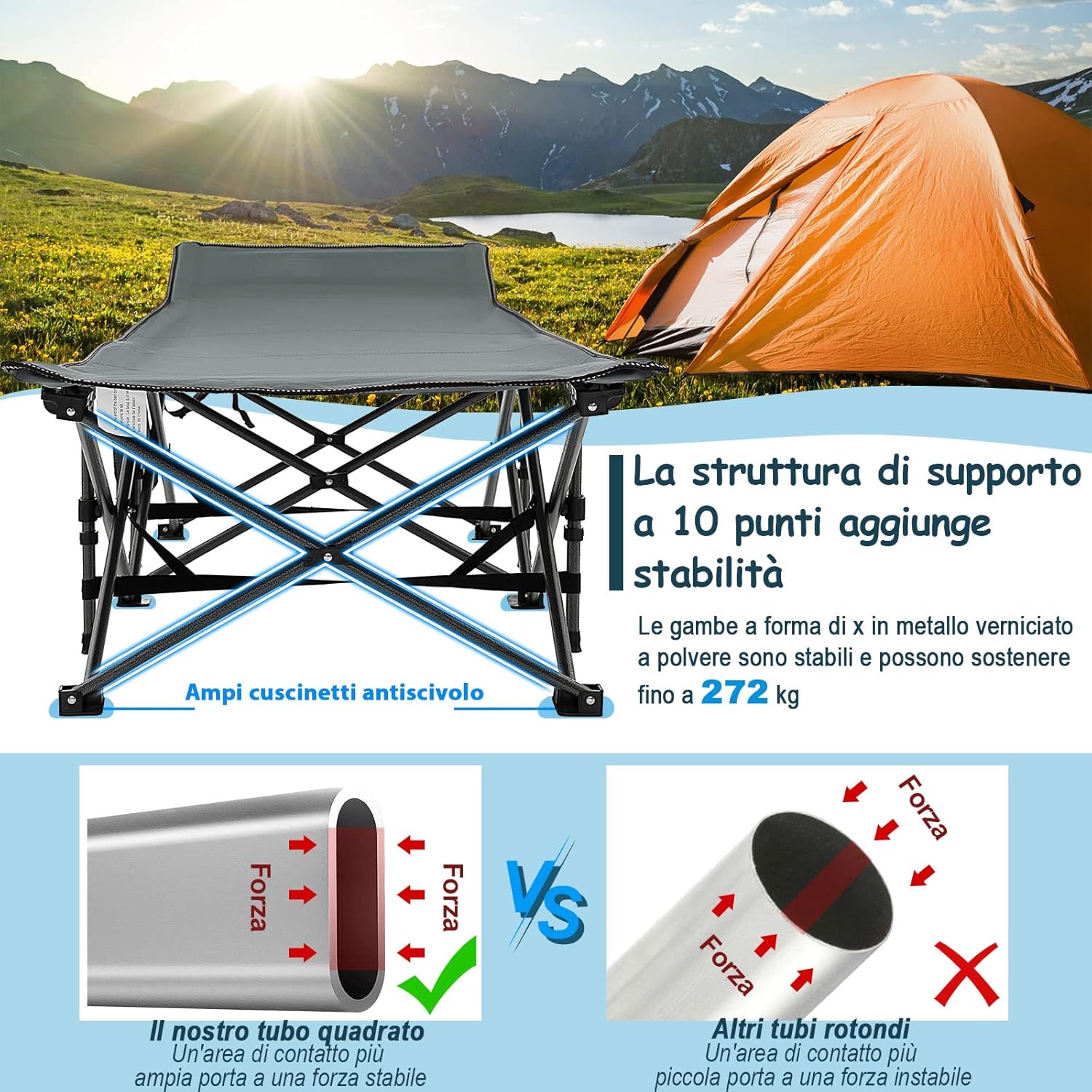 Brandina da Campeggio Pieghevole, Letto Portatile con Poggiatesta Inclinato, Tasca Laterale e Borsa di Trasporto, Branda Campeggio per Backpacking, Ospiti e Pesca, Portata 272 kg