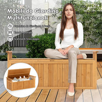 Baule Cassapanca 210 Litri in Legno di Abete, Baule Contenitore da Giardino con Pannello Inferiore Staccabile, Cassapanca Multiuso di Stoccaggio a 2 Posti con 2 Braccioli, da Interno e Esterno