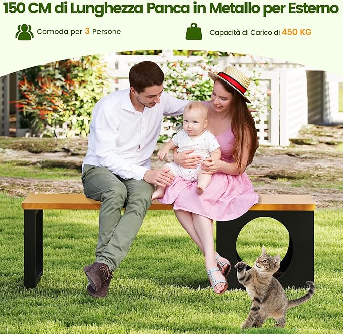 Panchina da Esterno in Metallo Lunga 150 CM con Cuccia per Gatti e Tappetino Tiragraffi, Seduta per 3 Persone, Portata 450 kg, Panchina Senza Schienale Resistente per Giardino