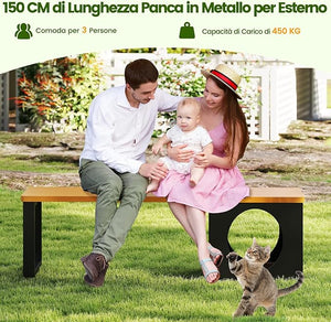 Panchina da Esterno in Metallo Lunga 150 CM con Cuccia per Gatti e Tappetino Tiragraffi, Seduta per 3 Persone, Portata 450 kg, Panchina Senza Schienale Resistente per Giardino