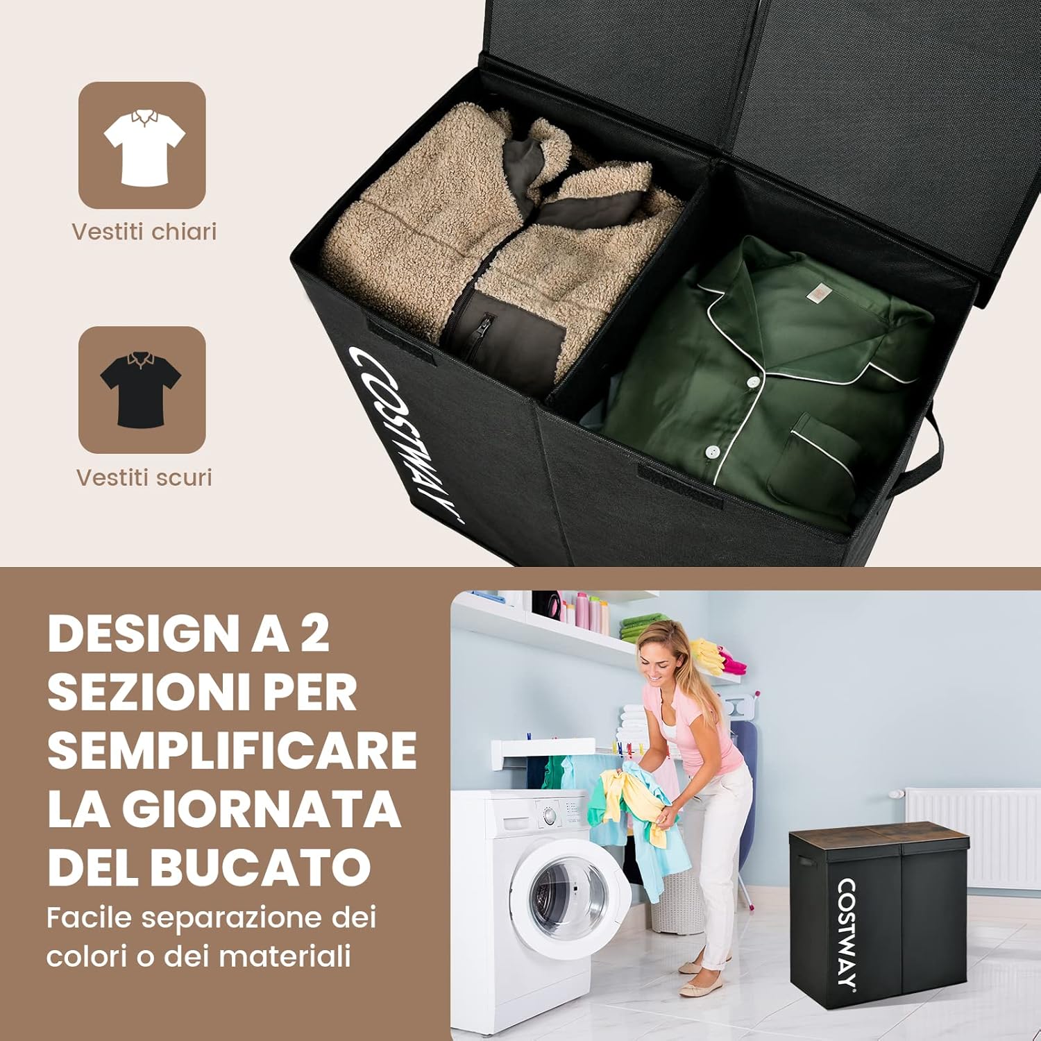 105 L Cesto Portabiancheria con Coperchio, Portabiancheria Sporca con 2 Scomparti e Maniglie, in Tessuto Non Tessuto, Ideale per Bagno Lavanderia, 62 x 31 x 60 cm (Nero)