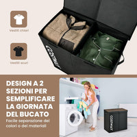105 L Cesto Portabiancheria con Coperchio, Portabiancheria Sporca con 2 Scomparti e Maniglie, in Tessuto Non Tessuto, Ideale per Bagno Lavanderia, 62 x 31 x 60 cm (Nero)