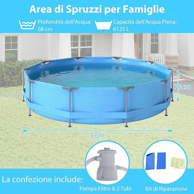 Piscina Fuori Terra 360 x 360 x 76 cm, Piscina Rotonda da Esterno con Struttura Metallica e Pompa Filtro, Capacità 6125 L, da Giardino per Adulti (3,6 m x 76 cm)