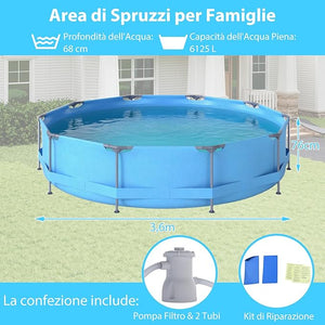 Piscina Fuori Terra 360 x 360 x 76 cm, Piscina Rotonda da Esterno con Struttura Metallica e Pompa Filtro, Capacità 6125 L, da Giardino per Adulti (3,6 m x 76 cm)